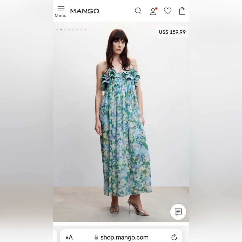 MANGO Mng Sky Blue Green Empire Floral Ruffled Maxi Midi Dress Size US 4